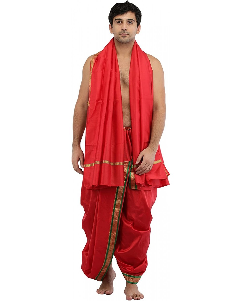 Ready to Wear Dhoti and Angavastram Set with Woven Golden Border - Bittersweet Red - CU1857O2U2Q $62.04 Sleep Sets