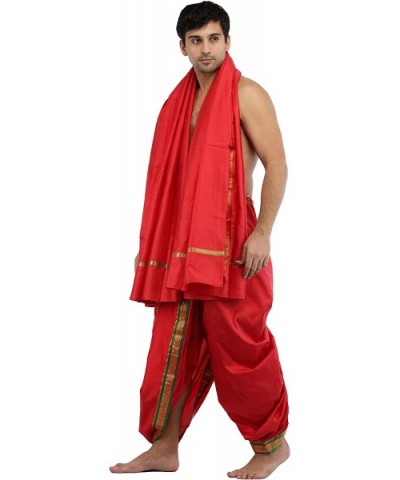 Ready to Wear Dhoti and Angavastram Set with Woven Golden Border - Bittersweet Red - CU1857O2U2Q $62.04 Sleep Sets