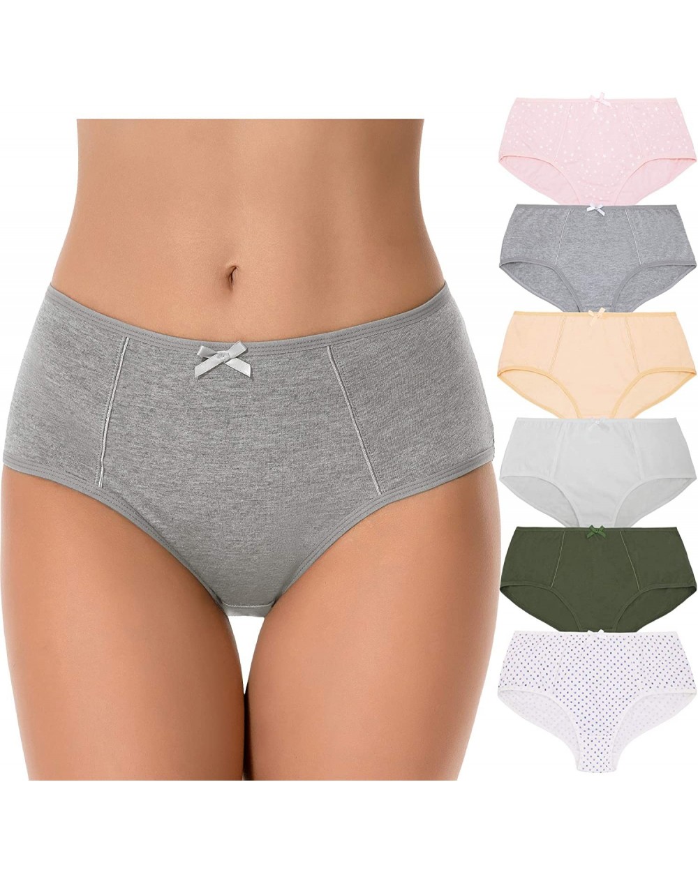 Womens Plus Size 100% Cotton High Waist Hipster Briefs Panties-6PK - Ivory-gray-deep Green-nude-white Print-pink Print(6 Pack...