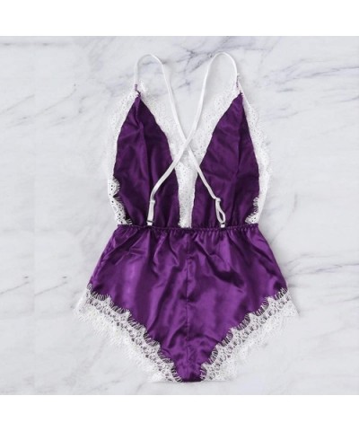 Women's Silk Satin Bodysuit Pajama Sexy Lace Siamese Sleepwear Babydoll Nightwear Nightgown Pajamas Lingerie - 4purple - CP19...