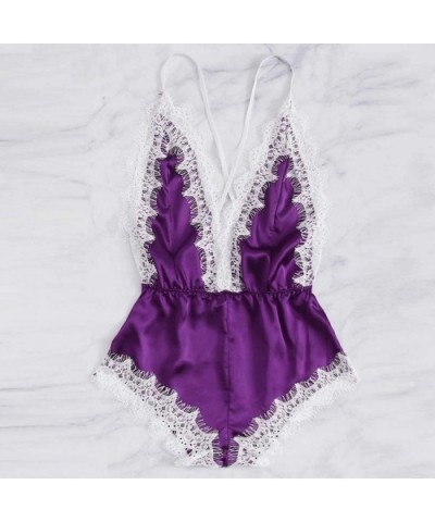 Women's Silk Satin Bodysuit Pajama Sexy Lace Siamese Sleepwear Babydoll Nightwear Nightgown Pajamas Lingerie - 4purple - CP19...