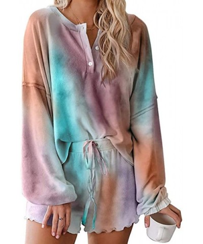 Womens Tie Dye Shorts Pajama Set Printed Ruffle Long Sleeve Tops Sleepwear Loungewear Nightwear Pjs - Multi - CN199G9IRYH $41...