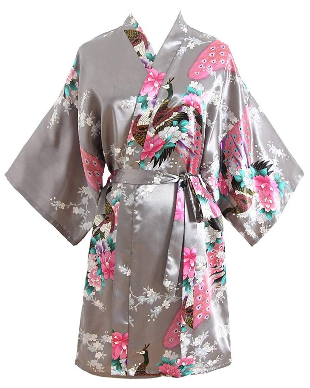 Robes for Women Lightweight Kimono Bride Bathrobe Short Spa Robe Peacock Yukata with Belt - Grey - CP194GW8SAL $27.30 Robes