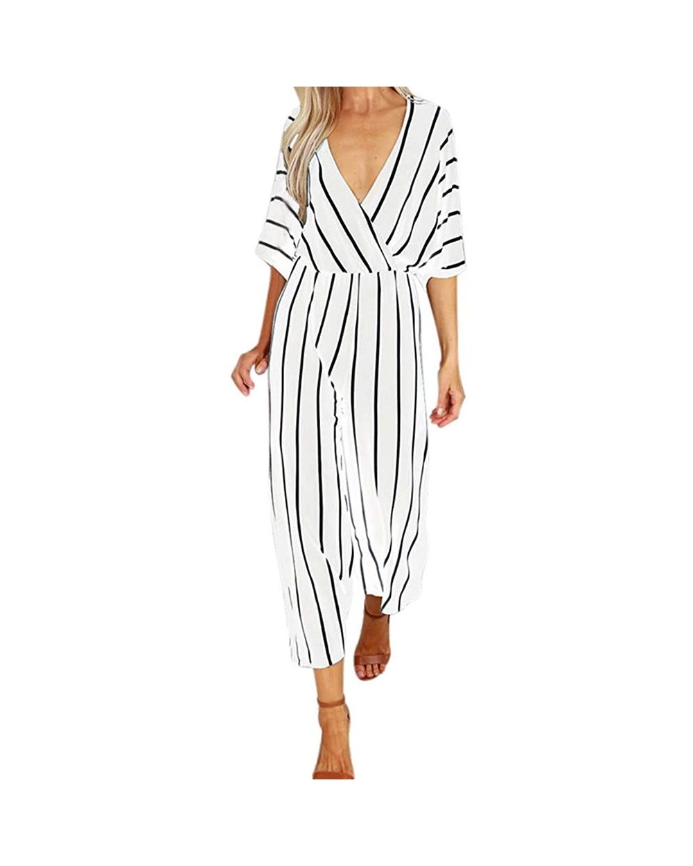 Womens Jumpsuits Strappy Striped Playsuit Bandage Bodysuit Party - V White - CL18RTX87HI $25.51 Shapewear