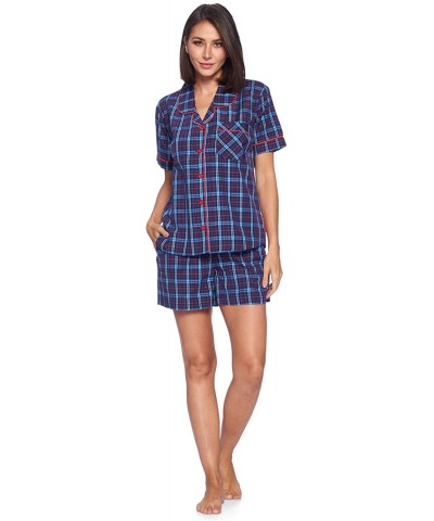 Womens Short Sleeve Pajamas Shorts Set | Woven Plaid Sleepwear & Loungewear Button Down PJ Boxer Set Blue/Burgundy - C118UMAW...