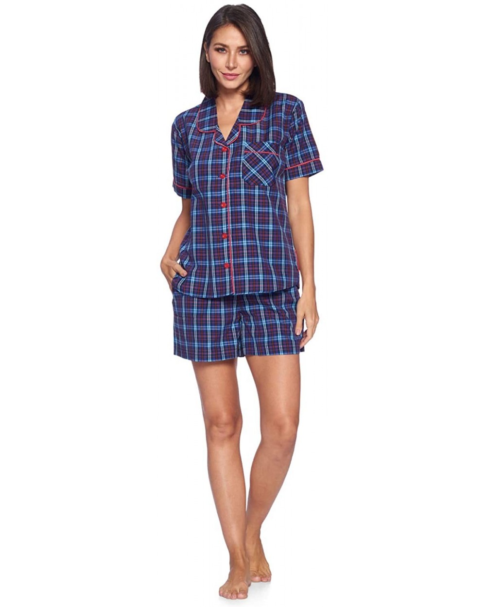 Womens Short Sleeve Pajamas Shorts Set | Woven Plaid Sleepwear & Loungewear Button Down PJ Boxer Set Blue/Burgundy - C118UMAW...