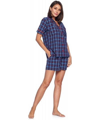 Womens Short Sleeve Pajamas Shorts Set | Woven Plaid Sleepwear & Loungewear Button Down PJ Boxer Set Blue/Burgundy - C118UMAW...