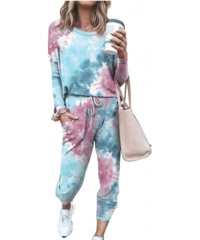 Women 2 Piece Tie Dye Long Pajamas Set Crew Neck Top Drawstring Pants Jogger with Pockets Sleepwear Sweat Suit Blue - C919E40...