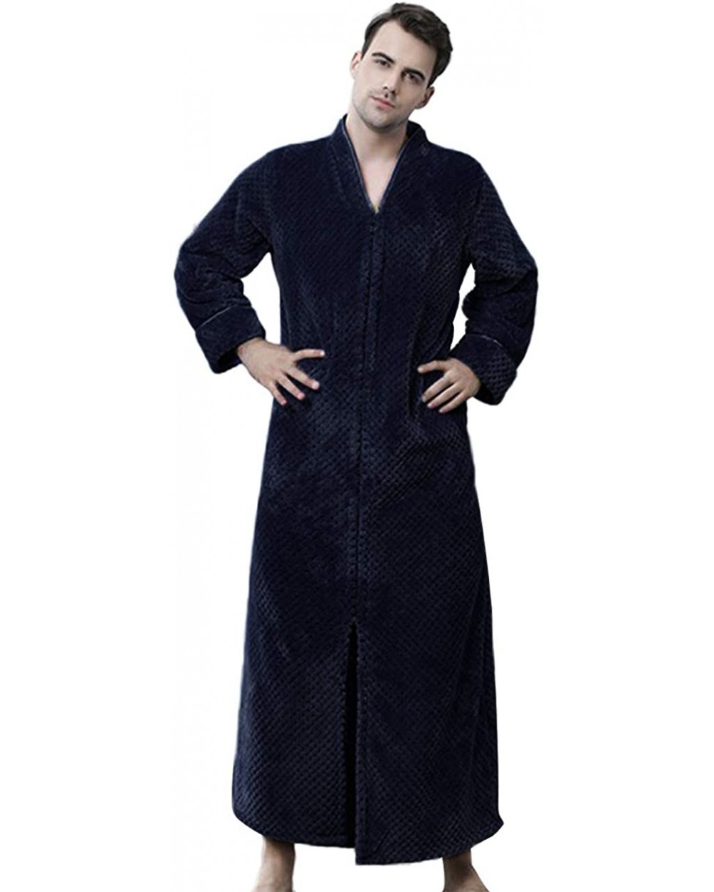 Men/Women's Zip Front Bathrobe Premium Flannel Fleece Plush Caftan Soft Long Robe Warm Housecoat - Navy - CN18HHARER7 $73.09 ...