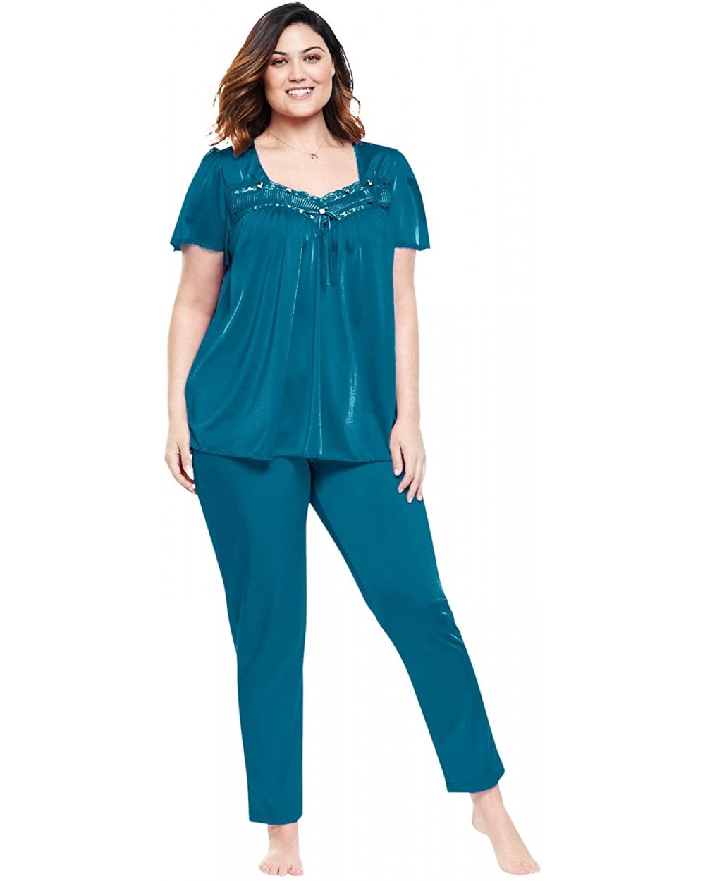 Women's Plus Size Silky 2-Piece Pj Set Pajamas - Deep Teal (0429) - CS1906Y3LYD $70.33 Sets