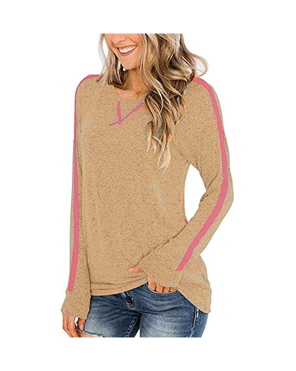 Womens Solid Shirt Casual Striped Long Sleeve Round Neck Pullover Tops Tunics Blouse - Khaki - CM193K3RC4D $27.33 Baby Dolls ...