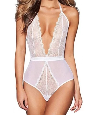 Womens Teddy Lingerie One Piece Bodysuit Halter Lace Sheer Mesh Babydoll Deep V Neck Backless Underwear - White - C2198RNZHUK...