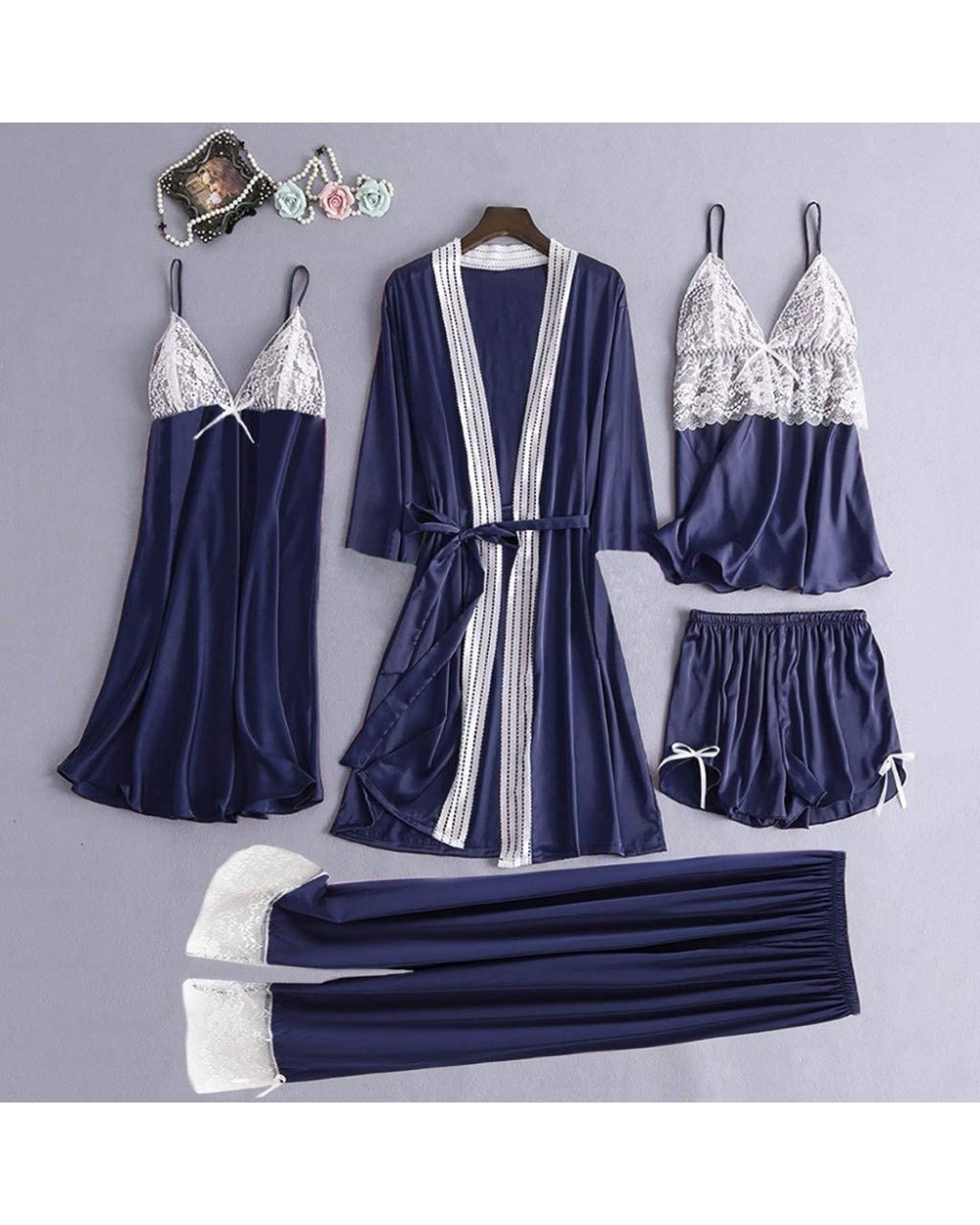 5PC Women Satin Lace Camisole Trousers Shorts Nightdress Robe Pajamas Lingerie - Navy - CY1996WNKTA $64.13 Thermal Underwear