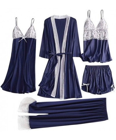 5PC Women Satin Lace Camisole Trousers Shorts Nightdress Robe Pajamas Lingerie - Navy - CY1996WNKTA $64.13 Thermal Underwear