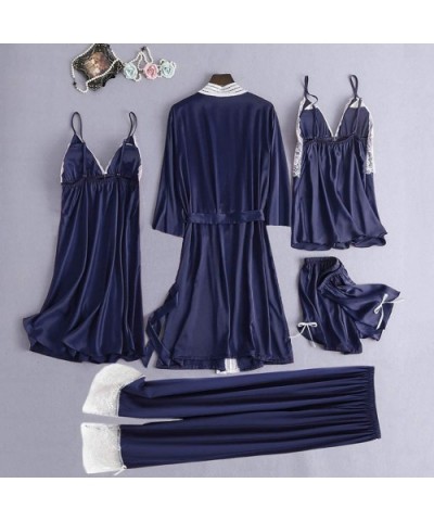 5PC Women Satin Lace Camisole Trousers Shorts Nightdress Robe Pajamas Lingerie - Navy - CY1996WNKTA $64.13 Thermal Underwear