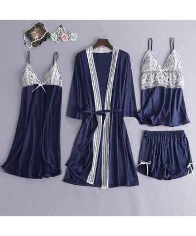 5PC Women Satin Lace Camisole Trousers Shorts Nightdress Robe Pajamas Lingerie - Navy - CY1996WNKTA $64.13 Thermal Underwear