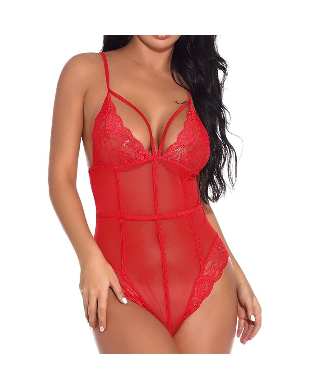 New Women V-Neck Lace Bandage Bodysuit Leotard Lingerie Teddy Lingerie Jumpsuit - Red - CL18SAK52D6 $21.09 Bustiers & Corsets