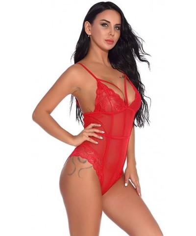 New Women V-Neck Lace Bandage Bodysuit Leotard Lingerie Teddy Lingerie Jumpsuit - Red - CL18SAK52D6 $21.09 Bustiers & Corsets