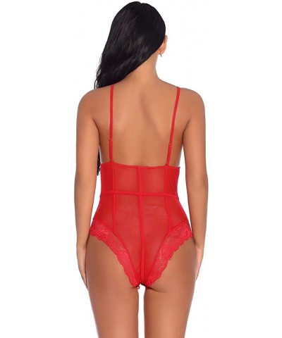 New Women V-Neck Lace Bandage Bodysuit Leotard Lingerie Teddy Lingerie Jumpsuit - Red - CL18SAK52D6 $21.09 Bustiers & Corsets