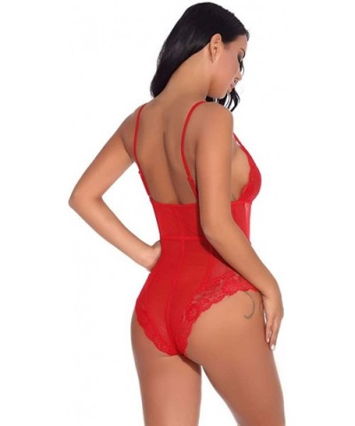 New Women V-Neck Lace Bandage Bodysuit Leotard Lingerie Teddy Lingerie Jumpsuit - Red - CL18SAK52D6 $21.09 Bustiers & Corsets