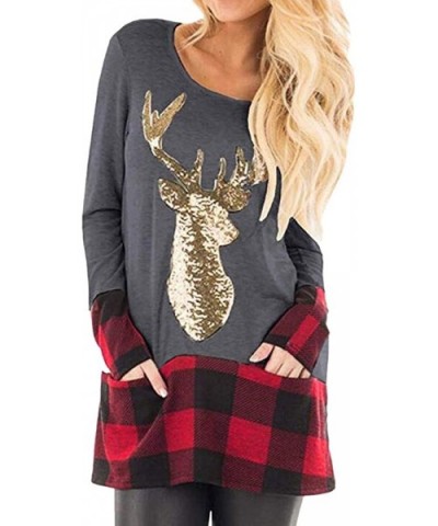 Womens Christmas Tops Plaid Splice Hem Reindeer Long Sleeve Cute Tunic Blouse - Dark Gray - CI18L3UGU25 $29.68 Tops