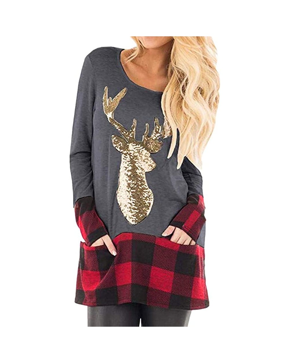 Womens Christmas Tops Plaid Splice Hem Reindeer Long Sleeve Cute Tunic Blouse - Dark Gray - CI18L3UGU25 $29.68 Tops