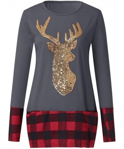 Womens Christmas Tops Plaid Splice Hem Reindeer Long Sleeve Cute Tunic Blouse - Dark Gray - CI18L3UGU25 $29.68 Tops