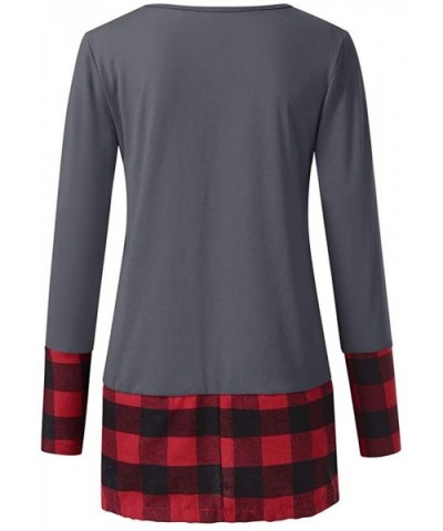 Womens Christmas Tops Plaid Splice Hem Reindeer Long Sleeve Cute Tunic Blouse - Dark Gray - CI18L3UGU25 $29.68 Tops