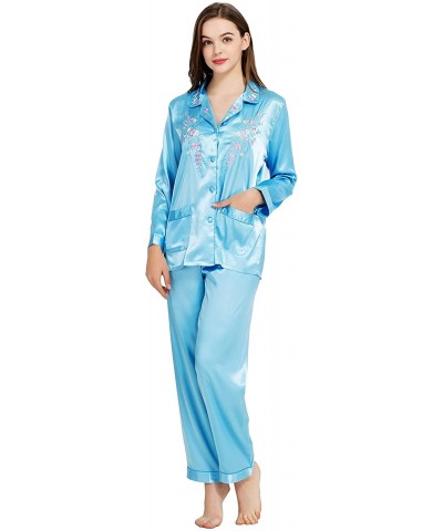 Womens Silk Satin Pajamas Long Sleeve Loungewear Two-Piece Sleepwear Button-Down Pj Set - Blue - CZ12F0W1UVR $46.79 Sets