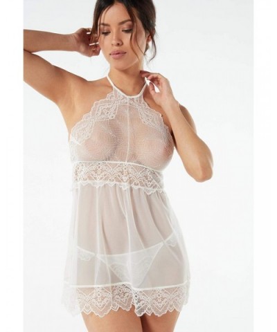 Womens Lady Sheer Lace and Tulle Babydoll - Ivory - 2127 - Powder White - CC1960R8L82 $66.25 Baby Dolls & Chemises