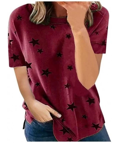 Womens T Shirts Basic V Neck Tee Loose Fitting Casual Short Sleeve Tops Plus Size Star Printed Stitching Blouse Wine - CG199I...