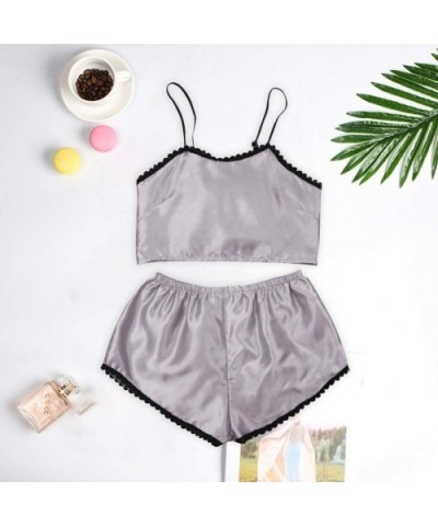 Women Sexy Babydoll Lingerie Lace Print Cute Pajama Cami Shorts Set Nightwear Satin Silk Underwear Sleepwear Gray - C1197254K...