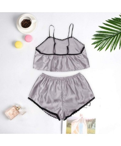 Women Sexy Babydoll Lingerie Lace Print Cute Pajama Cami Shorts Set Nightwear Satin Silk Underwear Sleepwear Gray - C1197254K...