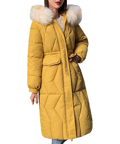 Women's Long Thickened Jacket Fur Hooded Down Maxi Parka Puffer Coat Pocket Overcoat - Yellow - CB18ZY3GL5A $70.79 Bustiers &...