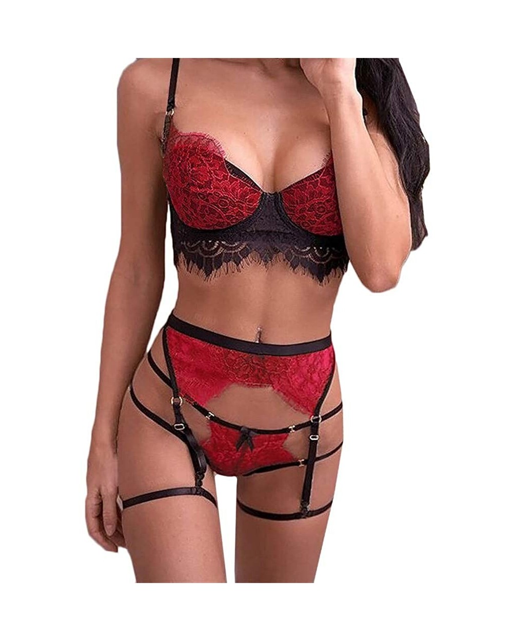 3Pcs Appeal Lingerie for Women Lace Sexy Lingerie Straps Bra and Panty Garter Set Underwear Babydoll - Red-a - CD1925DUNSE $1...