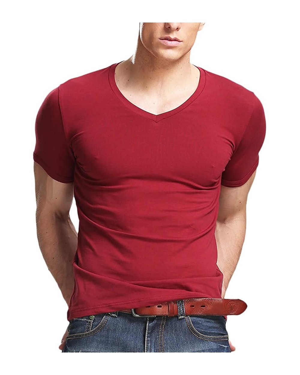 Mens Slim Fit T Shirts Soft Short Sleeves Athletic Muscle Cotton Activewear - Red - CE12KV4KNSF $26.42 Undershirts