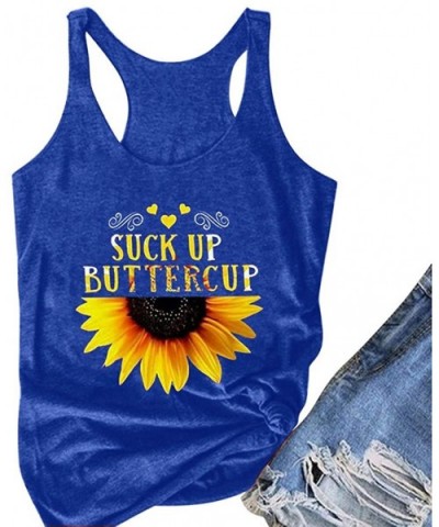 Women's Short Sleeve- Women Plus Size Summer Sunflower Print Round Neck Sleeveless T-Shirt Top Tank - Blue - CF19E75GNLL $13....