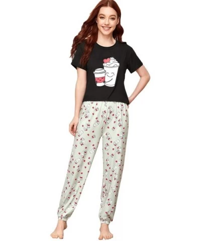 Women Casual Pajama Set Short Sleeve Cute Sleepwear Heart Print Pants - Black and Grey - CN19CGK6QZ0 $39.05 Sets