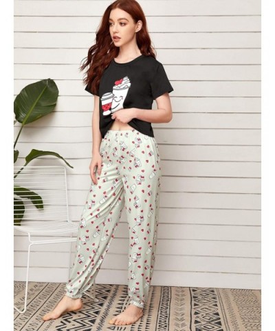 Women Casual Pajama Set Short Sleeve Cute Sleepwear Heart Print Pants - Black and Grey - CN19CGK6QZ0 $39.05 Sets