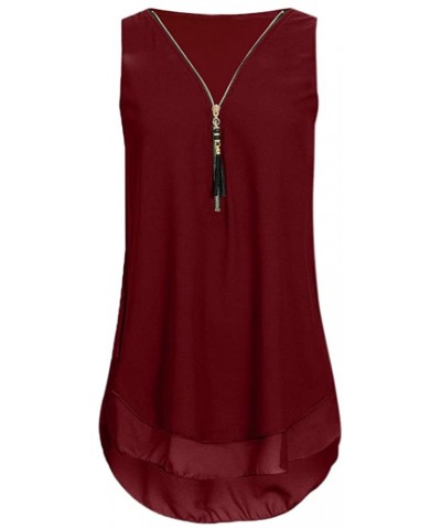 Women's Sleeveless Solid V-Neck Zipper Casual Tunic Tank Tops Vest High Low Hem Blouse Tee Shirts - Wine - C618NULSTLM $19.29...
