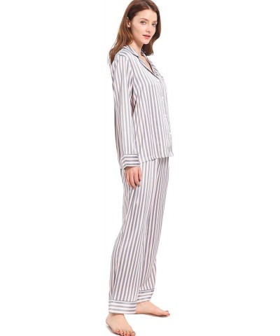 Women's Silky Satin Pajamas Long Sleeve PJ Set Sleepwear Loungewear - Crystal Pink/Grey Stripe - CV18RMDOWEA $42.02 Sets