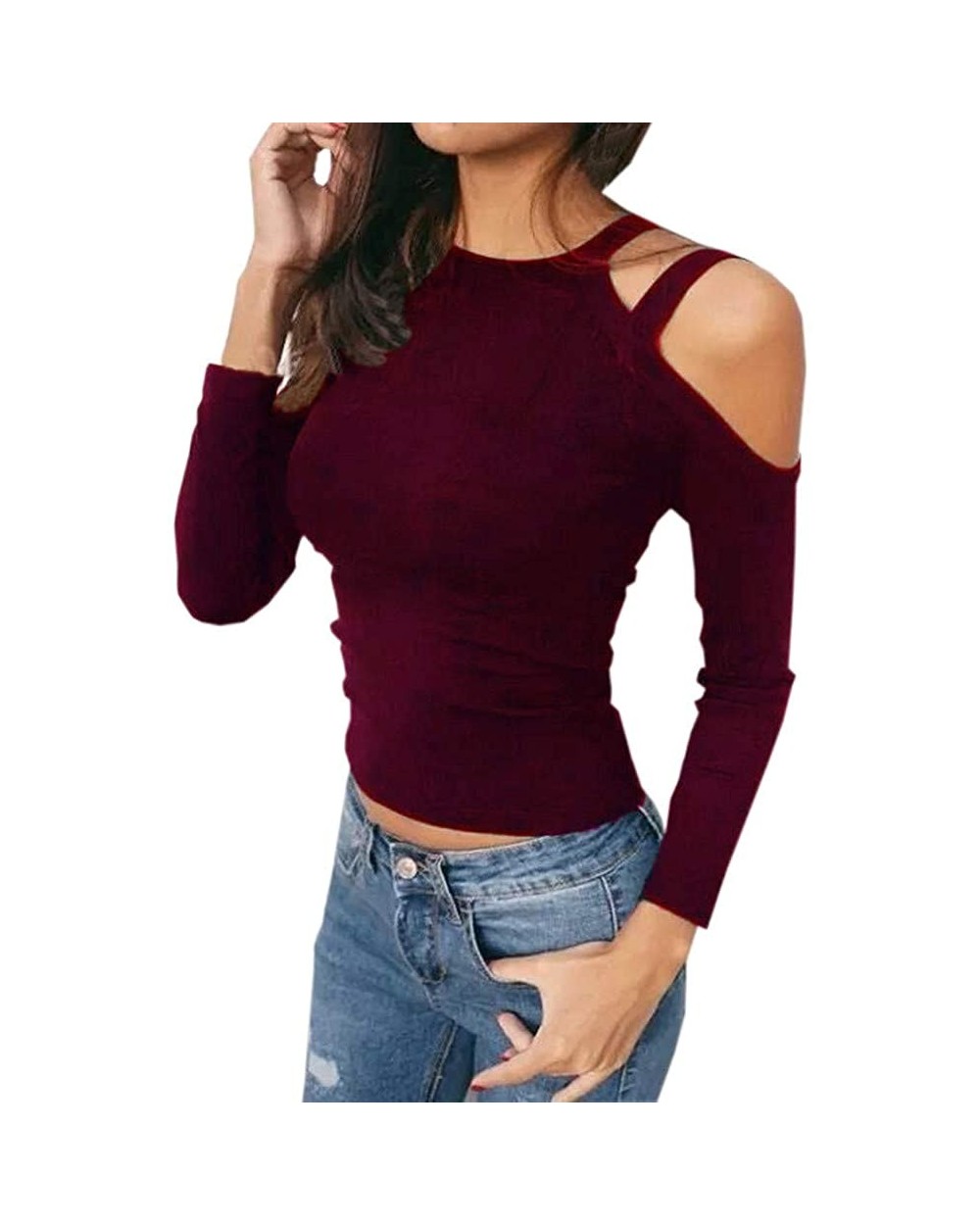 Sexy Womens Causal Tops Long Sleeve O-Neck Off The Shoulder Shirt Blouse - Wine - C818LU9HDXS $21.05 Shapewear