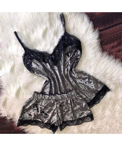 New Women Sexy Lingerie Camisole Bow Shorts V-Neck Tops Velvet Pajamas Sleepwear - B - CU195NIGZ3A $18.39 Sets