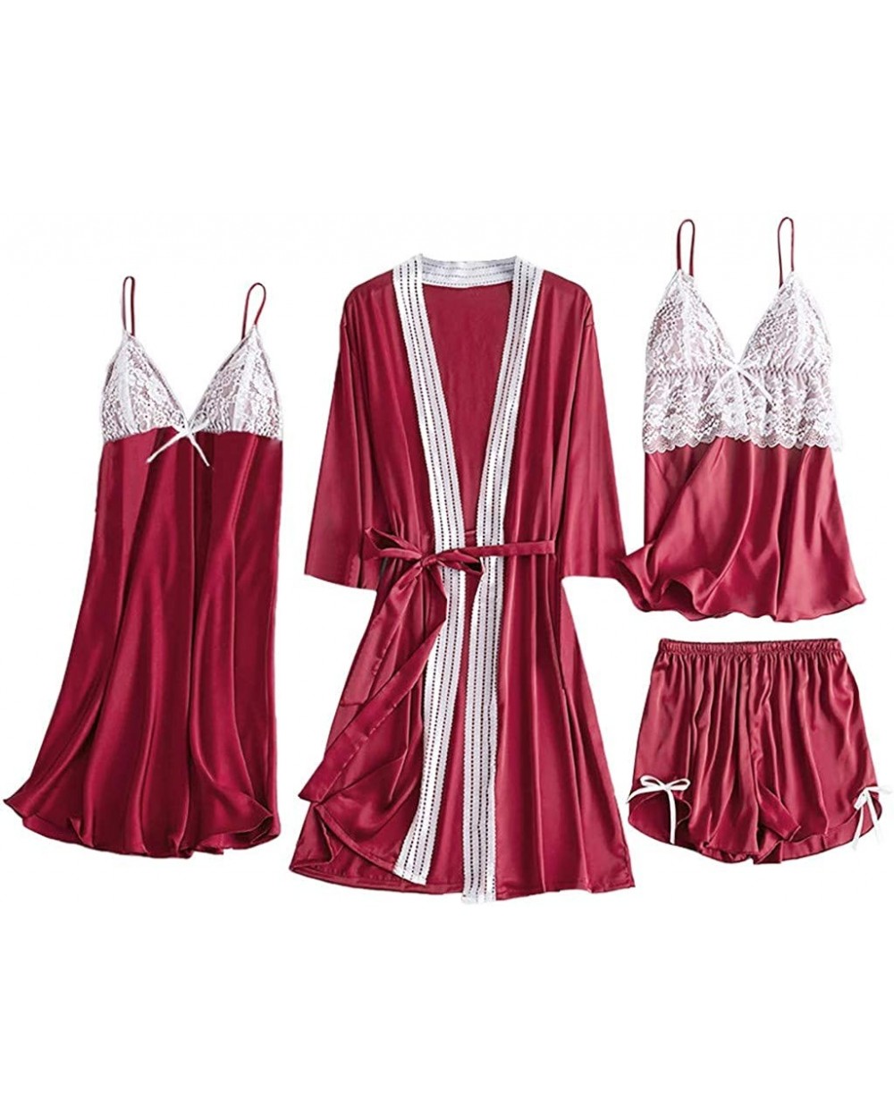 4Pcs Women's Silk Satin Bathrobe Pajamas Nightgown Kimono Lace Sleepwear Babydoll Nightdress with Shorts Sets - Red - CC19482...