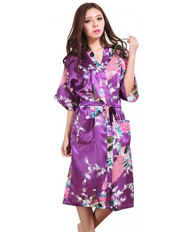 Women Long Kimono Robe Peacock Satin Nightwear Peacock &Blossoms Pattern with Pocket - Purple - CO183KDAHYI $43.04 Robes