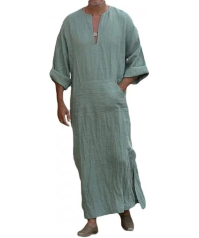 Men's Ankle Length Roll-up Sleeve V-Neck Side Split Casual Long Gown with Pocket Robes - 5 - CX18ZETZY54 $52.66 Robes