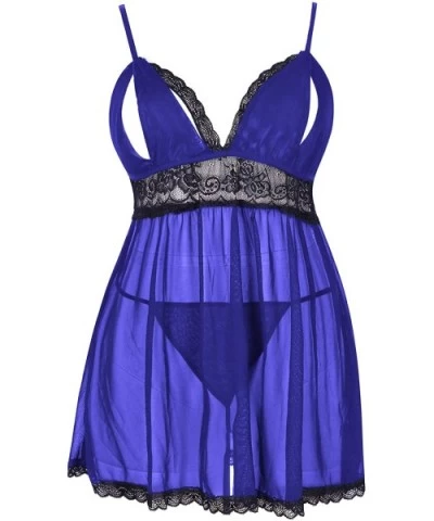 Women's Plus Size Lace Lingerie Cutout Babydoll Chemise Sheer Sleepwear - Blue - CD18T9A3YEN $22.94 Baby Dolls & Chemises