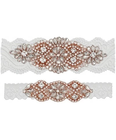 Wedding Bridal Garter Stretch Lace Bridal Garter Sets with Rhinestones Clear Crystal Pearl for Wedding - Rose-off White - CT1...