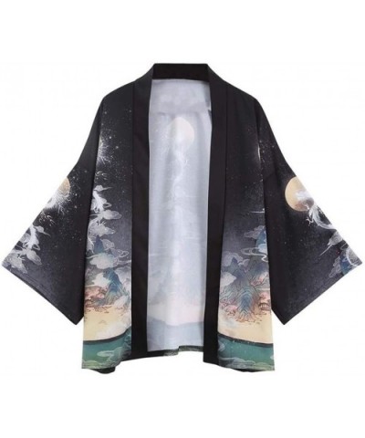 Japanese Kimono Men Bathrobe Print Dragon Sleepwear Big Size Man Long Sleeve Robe Fashion Harajuku Clothes-Black-XL - Black -...