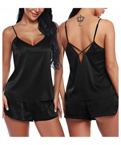 Women V Neck Sexy Lingerie Satin Sleepwear Pajamas Cami Shorts Set Nightwear - Black - CB18R2GUWUC $34.37 Sets